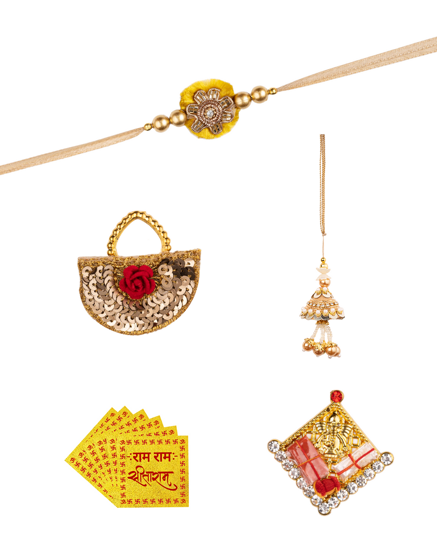 Golden Floral Design Rakhi with Lumba