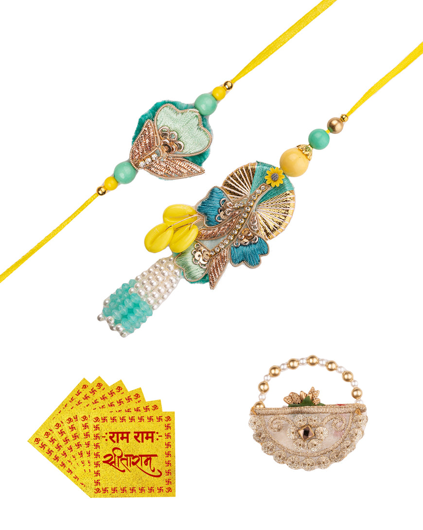 Rajasthani Designer Rakhi and Lumba Set (Blue and Yellow)