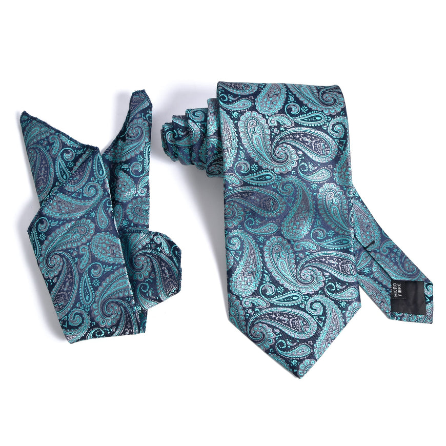 Amelia's Designer Black & Teal Tie With Pocket Square For Men