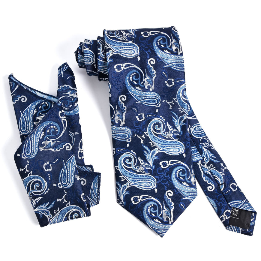 Amelia's Designer Navy Blue Printed Tie With Same Pocket Square For Men