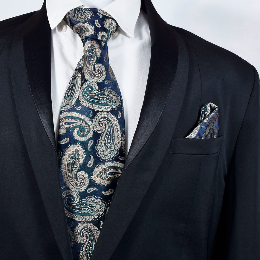 Amelia's Designer Navy Blue & Grey Tie With Pocket Square For Men