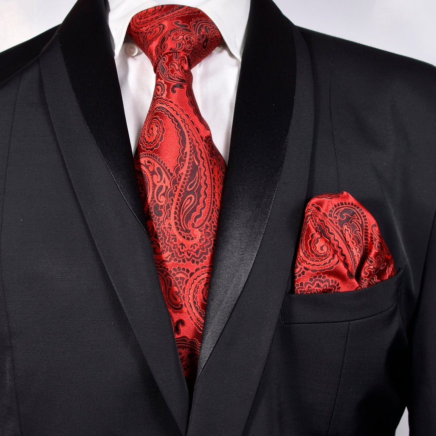 Amelia's Designer Red & Black Necktie With Pocket Square For Men