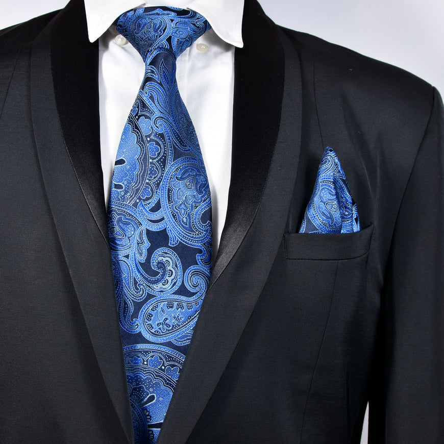 Amelia's Designer Black & Blue Tie With Pocket Square For Men
