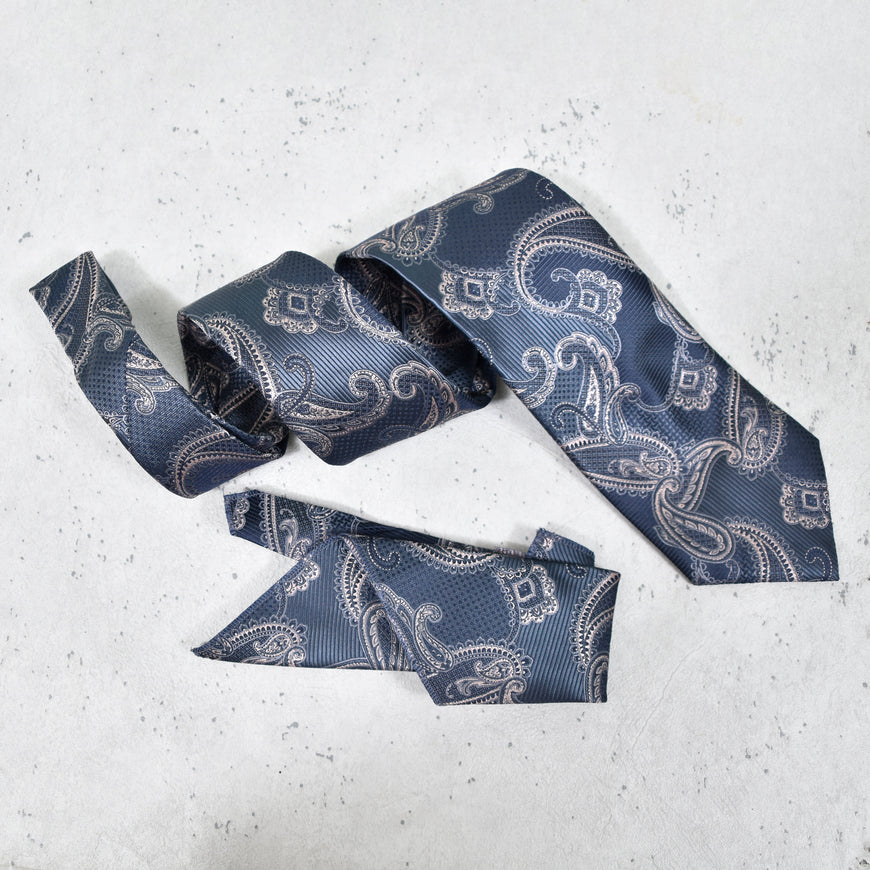 Amelia's Designer Navy Blue Tie With Pocket Square For Men