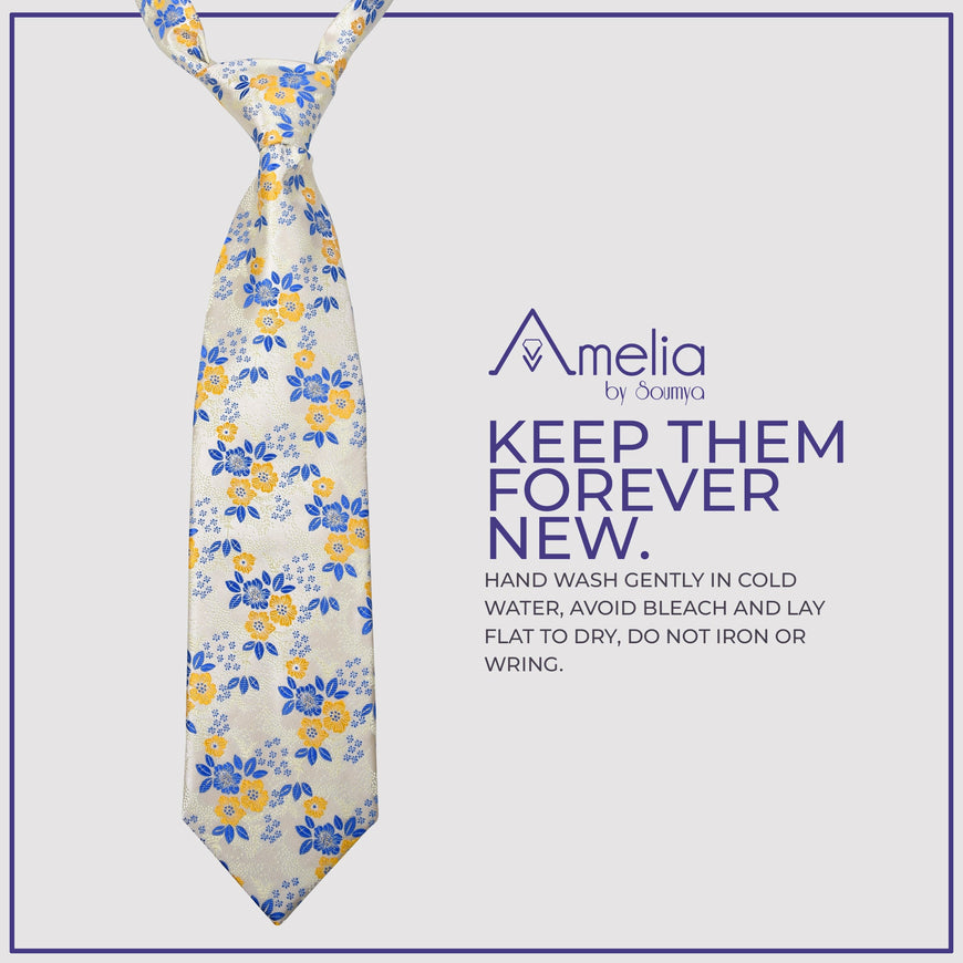 Amelia's Designer White Floral Tie With Pocket Square For Men