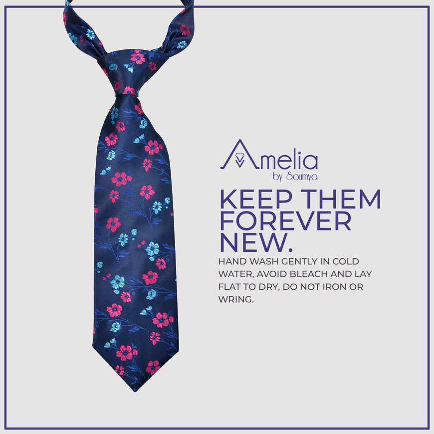 Amelia's Designer Blue Floral Tie With Pocket Square For Men