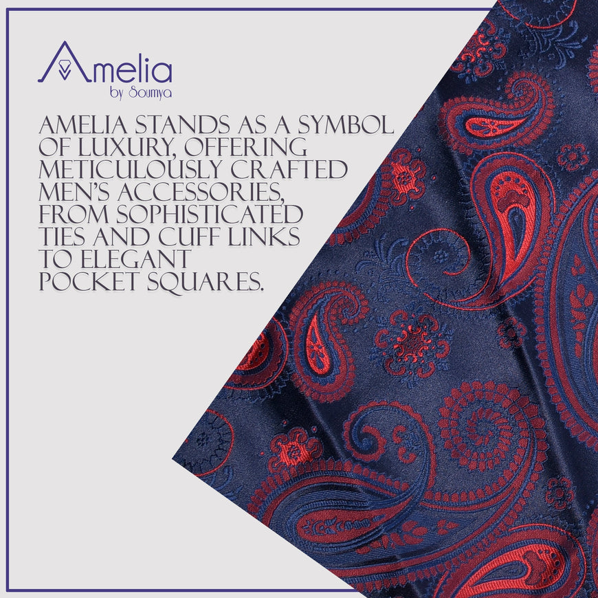Amelia's Paisley Desig Blue & Red Tie With Pocket Square For Men