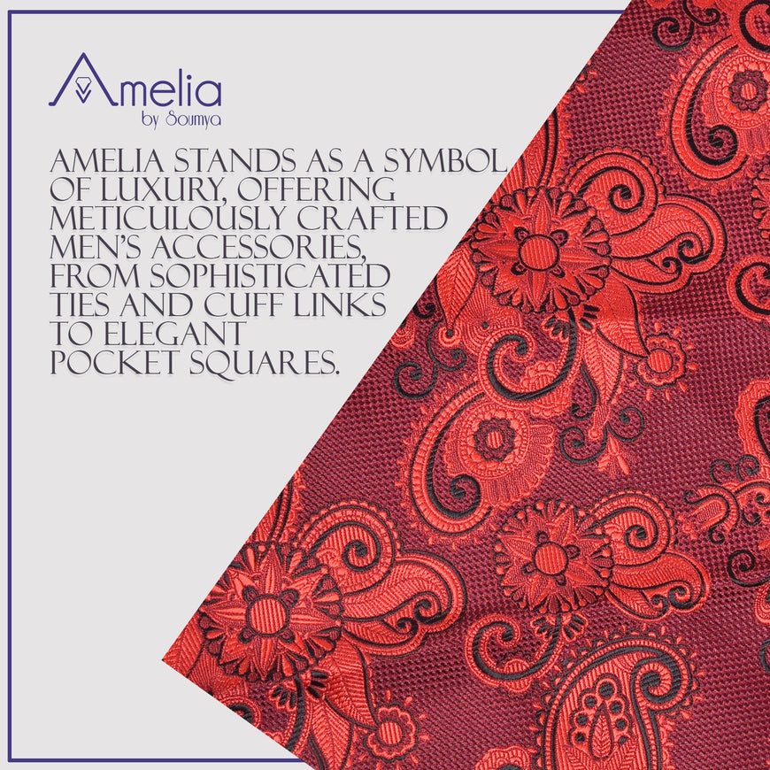 Amelia's Designer Red & Black Outline Tie With Pocket Square For Men
