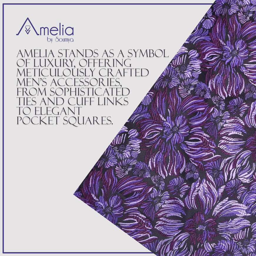 Amelia's Designer Floral Black & Purple Tie With Pocket Square For Men